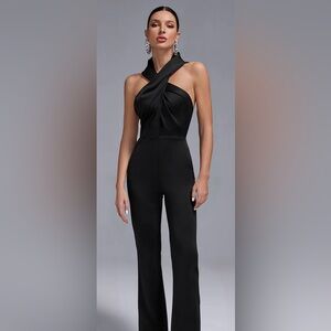 Crossed Collar High-Waist Backless Hooded Jumpsuit.